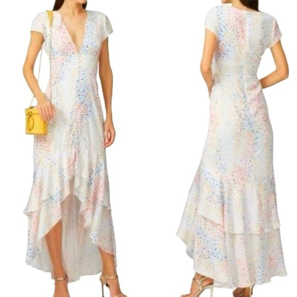 Hutch ANTHROPOLOGIE Multi-Color Heart Maxi Dress White Satin Hi Low V-neck - 4 - Picture 1 of 6